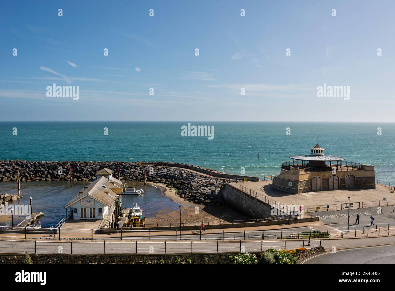 Pumping station, bandstand and Ventnor Haven Fishery, Ventnor, Isle of Wight, UK Stock Photo