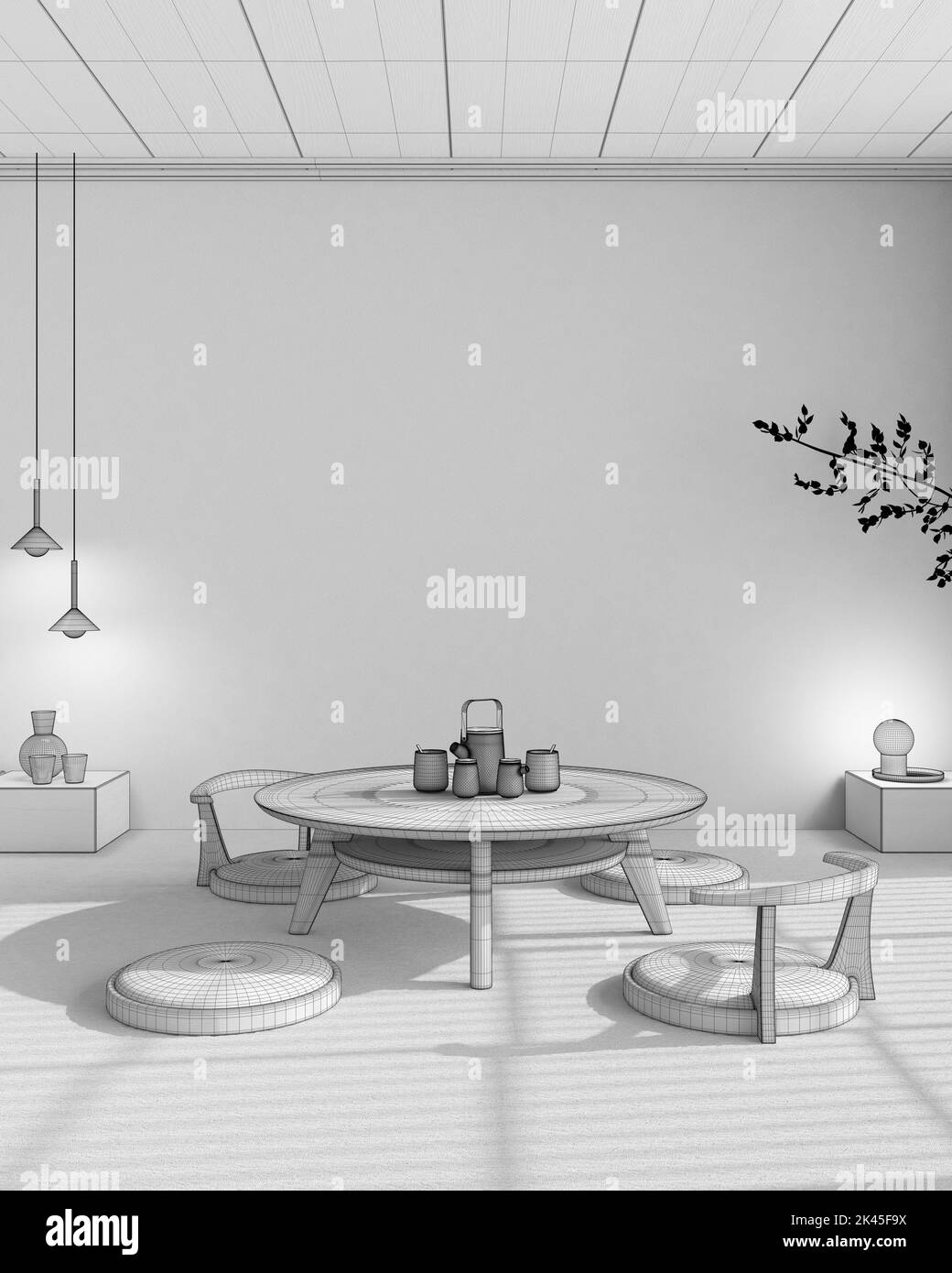 Blueprint unfinished project draft, minimalist Tea ceremony room mock