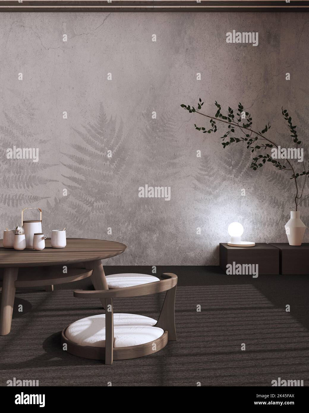 Japandi Tea ceremony room mock up in dark and beige tones, japanese