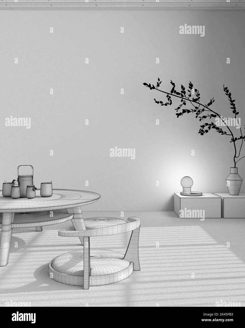 Blueprint unfinished project draft, japandi Tea ceremony room, japanese