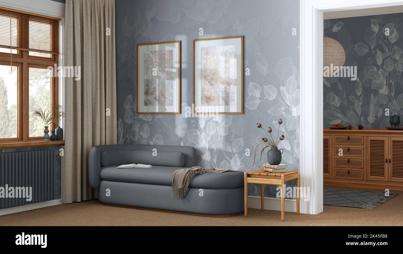 Elegant living room in gray and beige tones with carpeted floor