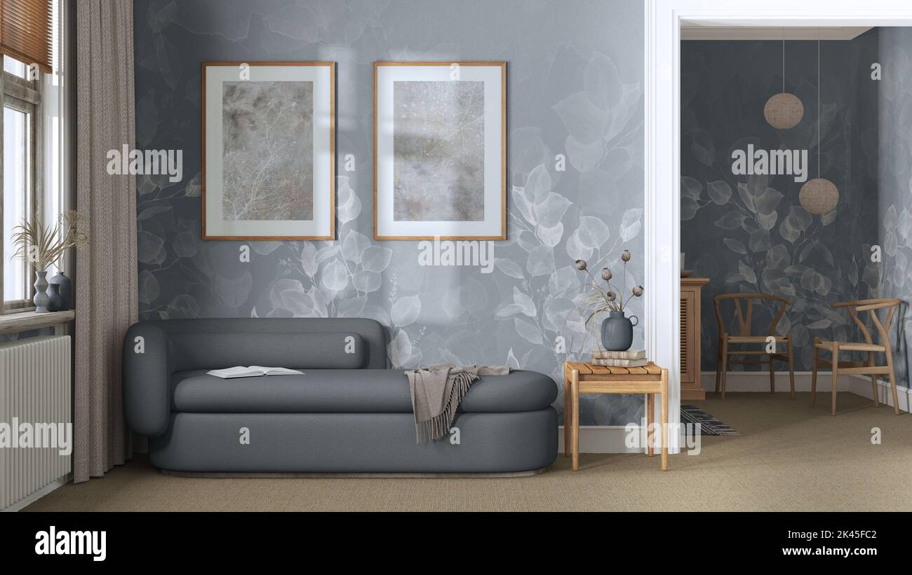 Classic minimal living room in gray and beige tones with carpeted floor