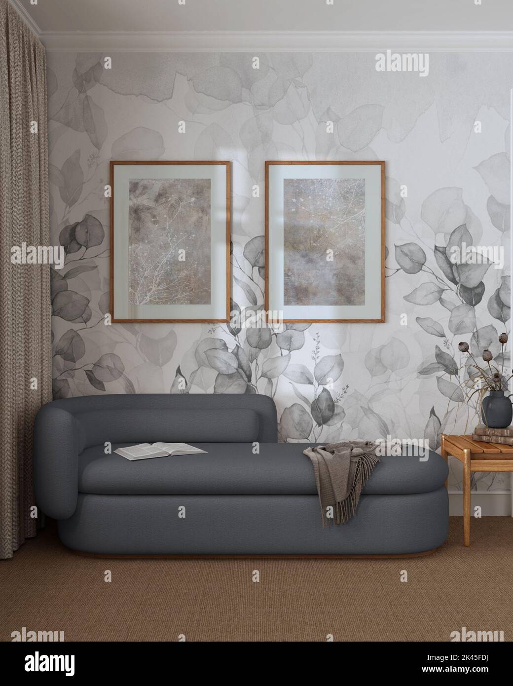 Elegant living room in gray and beige tones front view, wallpaper