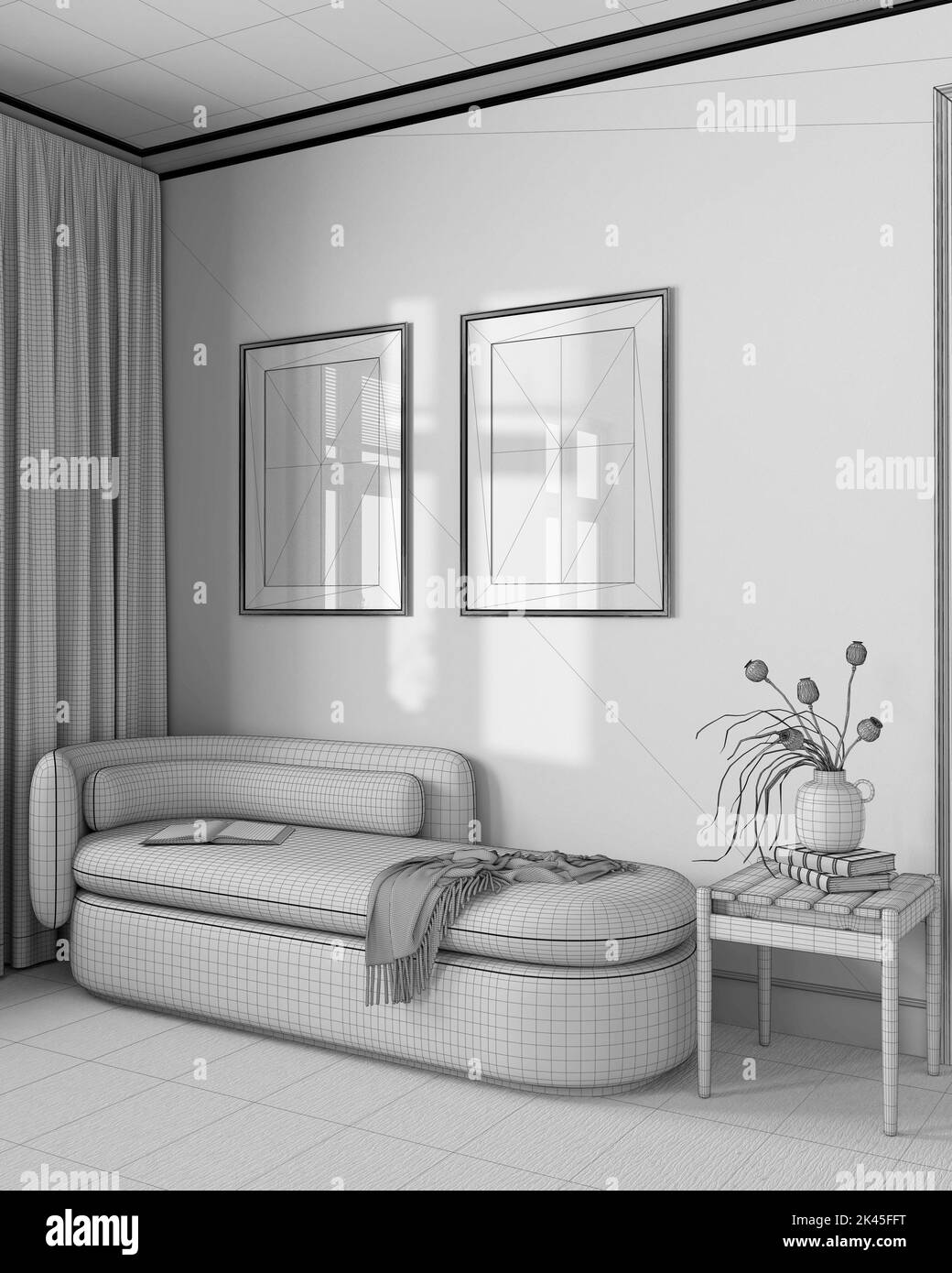 Blueprint unfinished project draft, elegant living room with wallpaper ...