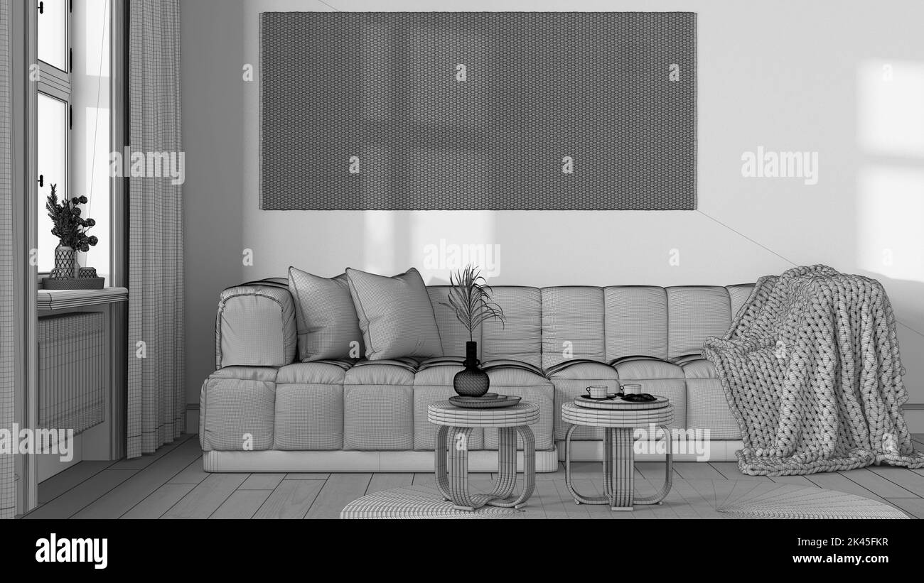 Blueprint unfinished project draft, vintage living room, rattan