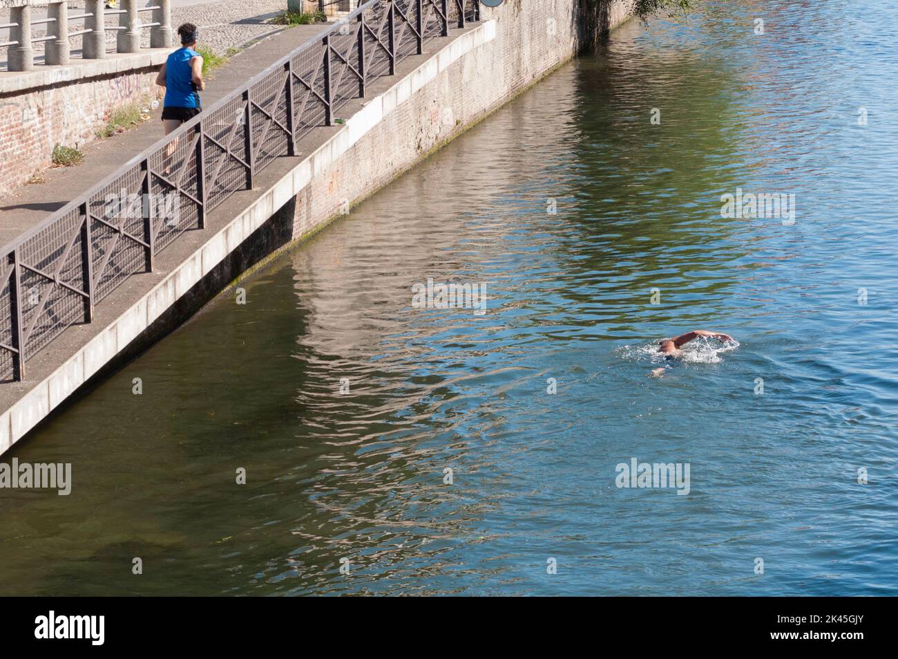 Italy, Lombardy, Milan, Naviglio Grande Canal, Grand Fondo Del Naviglio, Swimming Race Stock Photo