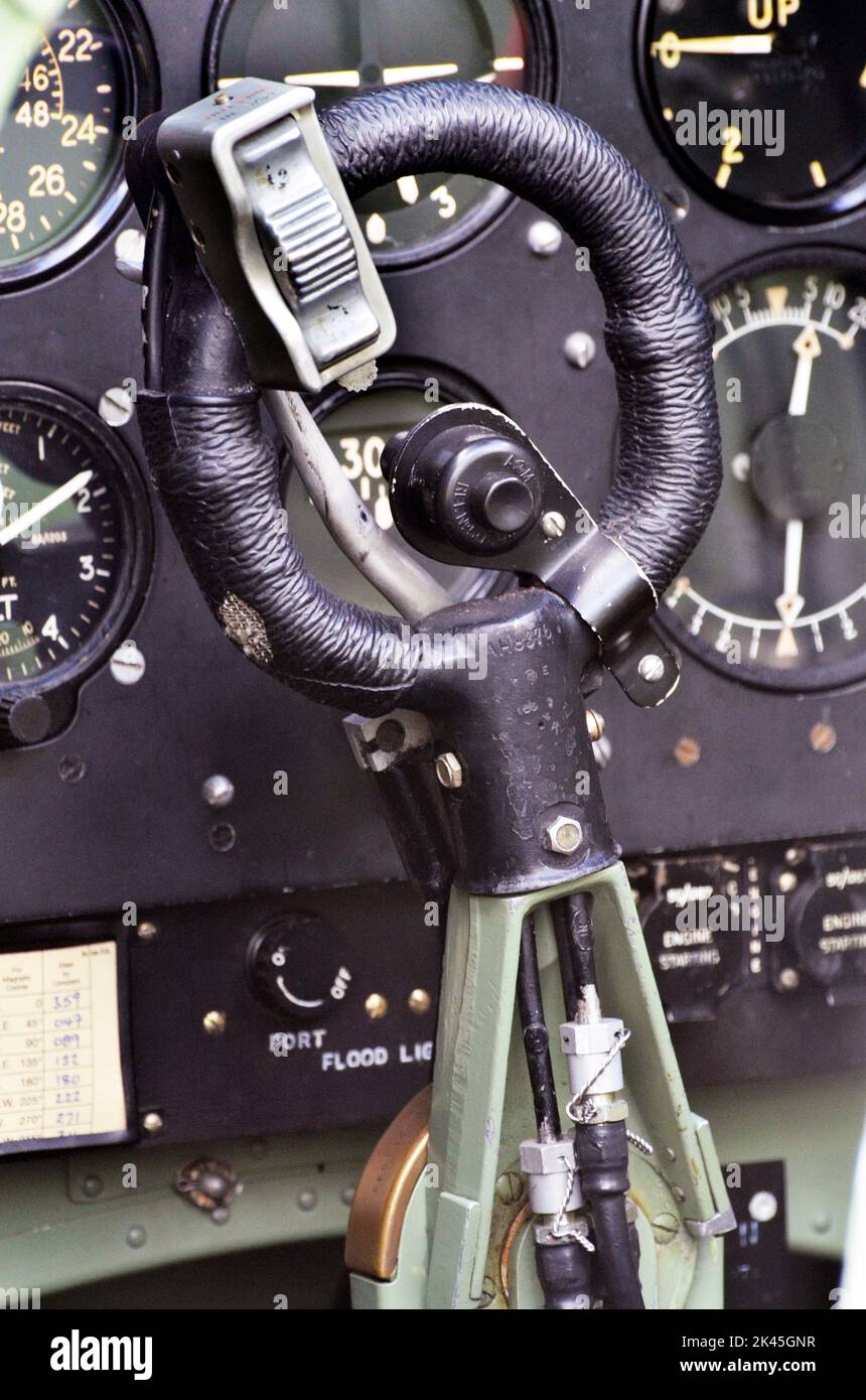 joystick and cockpit instruments of vintage supermarine spitfire vintage fighter plane Stock Photo