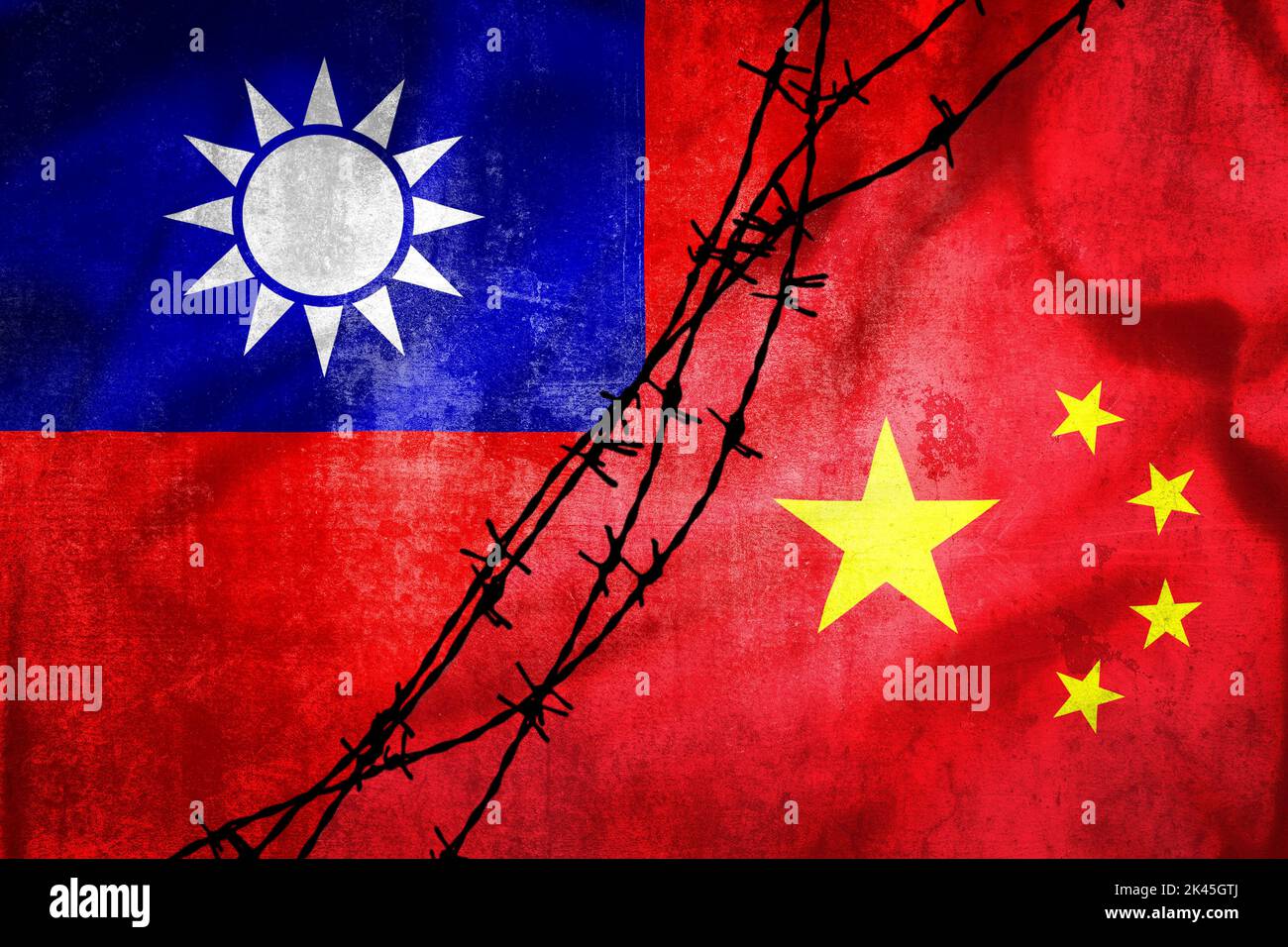 Grunge flags of Taiwan and China divided by barb wire illustration, concept of tense relations between Taiwan and China Stock Photo