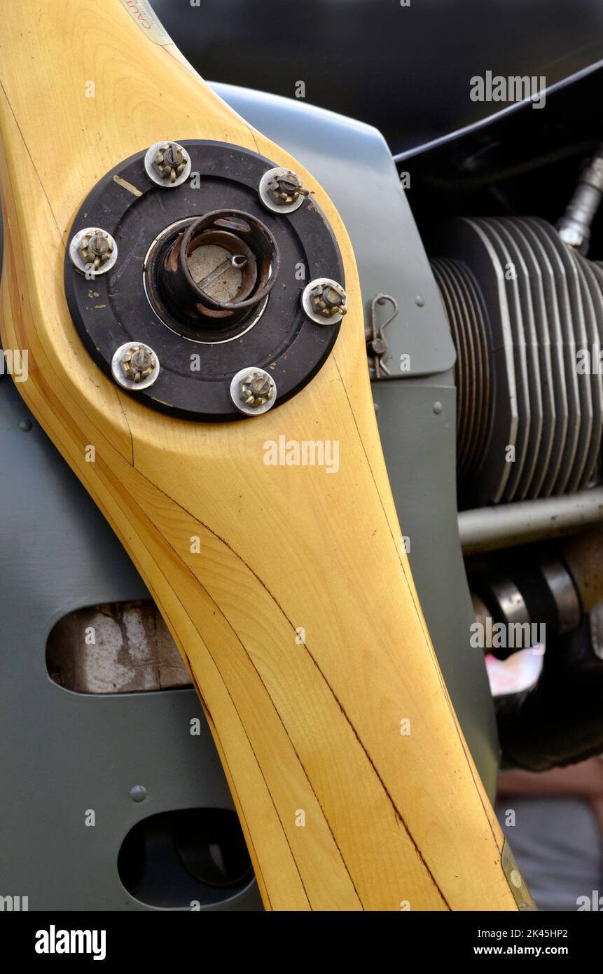 light vintage aircraft wooden propellor and engine Stock Photo