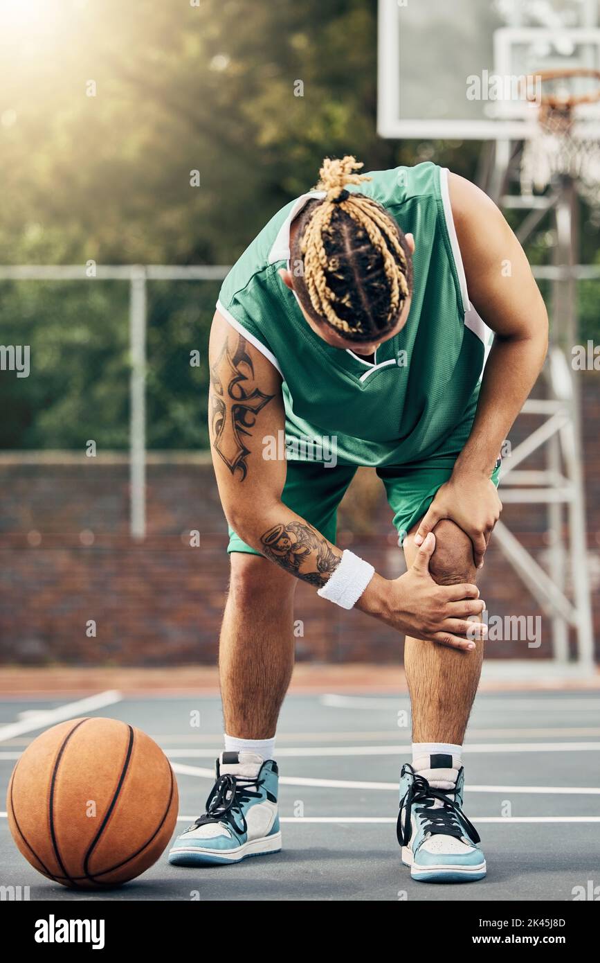 Basketball injury, sports muscle and man with medical emergency during
