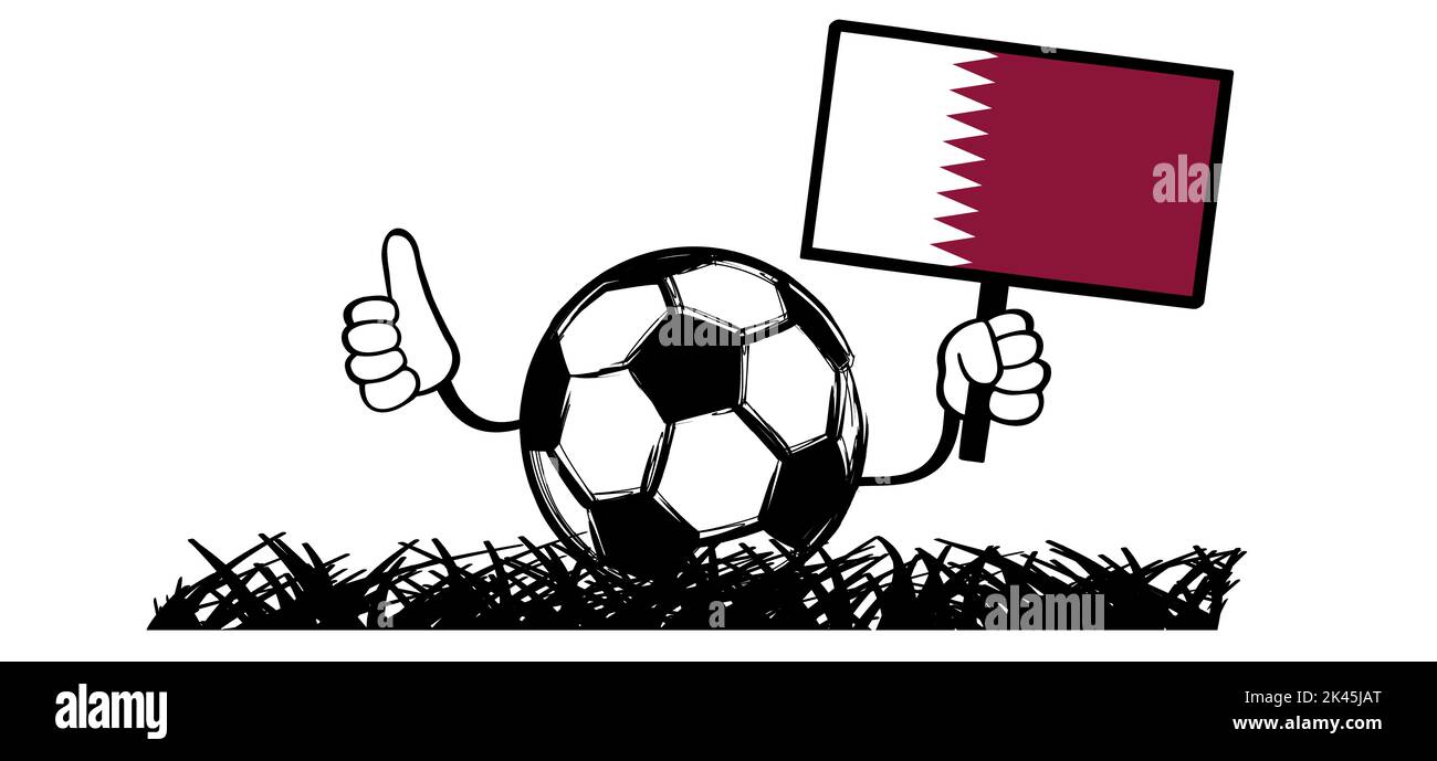 Cartoon soccer ball as stickman Stick figure man with the flag of Qatar
