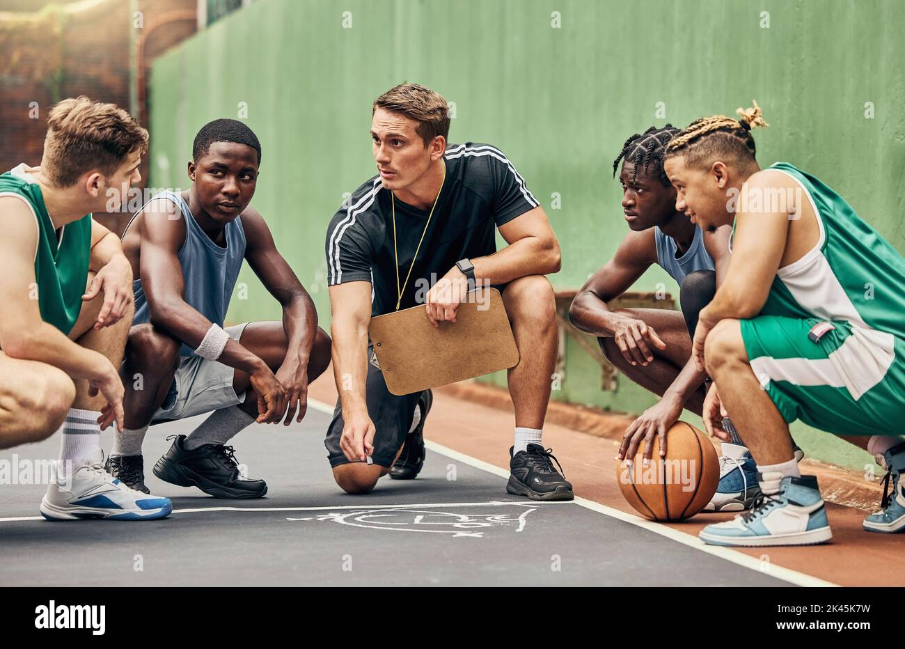 Basketball strategy, team sports and coach talking to USA sport group