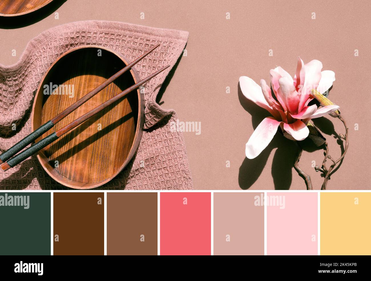 Color matching palette from image of wooden packed lunch box set. Lunch box with chopsticks on cotton towel, chopsticks and white pink magnolia flower Stock Photo