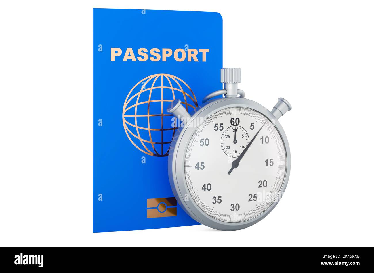 Passport with stopwatch. Passport processing times, concept, 3D