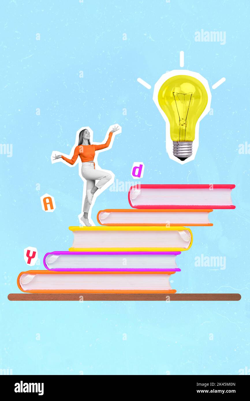 Collage 3d image of pinup pop retro sketch of funny funky calm woman lift pile book stairs education invention knowledge electric bulb idea Stock Photo