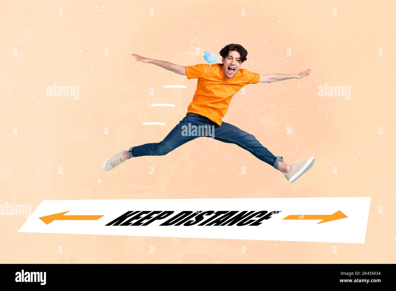 Composite collage image of excited energetic young man running jumping far keep social distance pandemic coronavirus prevention wear mask Stock Photo