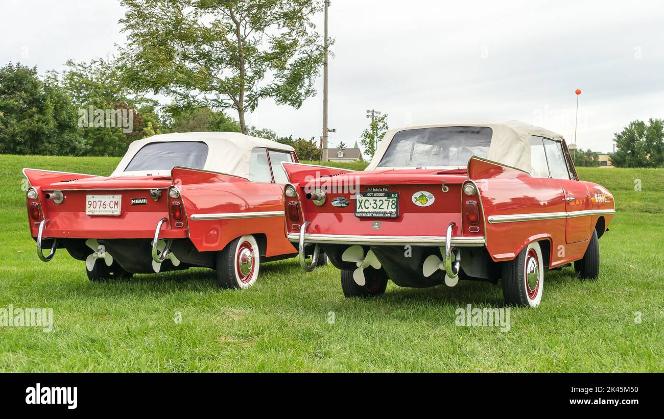 FRANKENMUTH, MI/USA - SEPTEMBER 8, 2018: A 1962 and 1963 Amphicar 770 amphibious car/boat, with propeller,, Frankenmuth Auto Fest, Heritage Park. Stock Photo