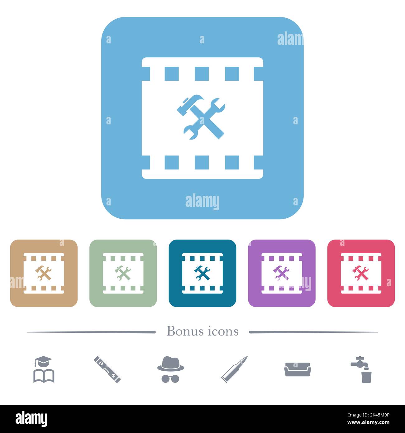 Movie tools white flat icons on color rounded square backgrounds. 6 ...