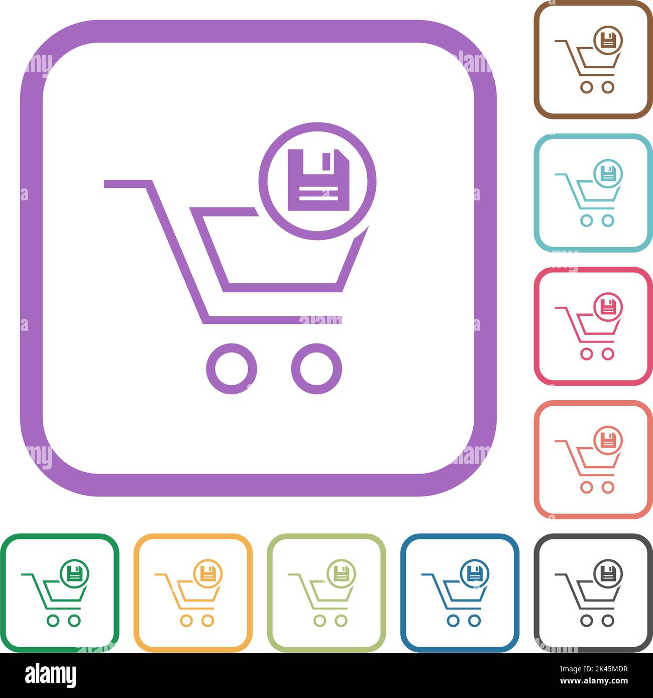 Cart save outline simple icons in color rounded square frames on white ...