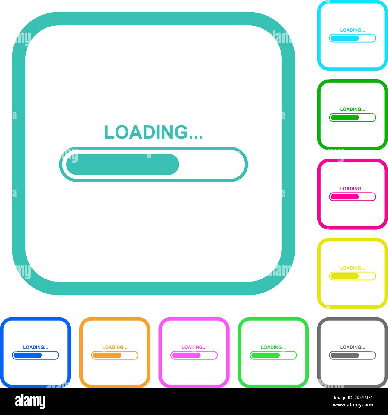 Loading vivid colored flat icons in curved borders on white background ...