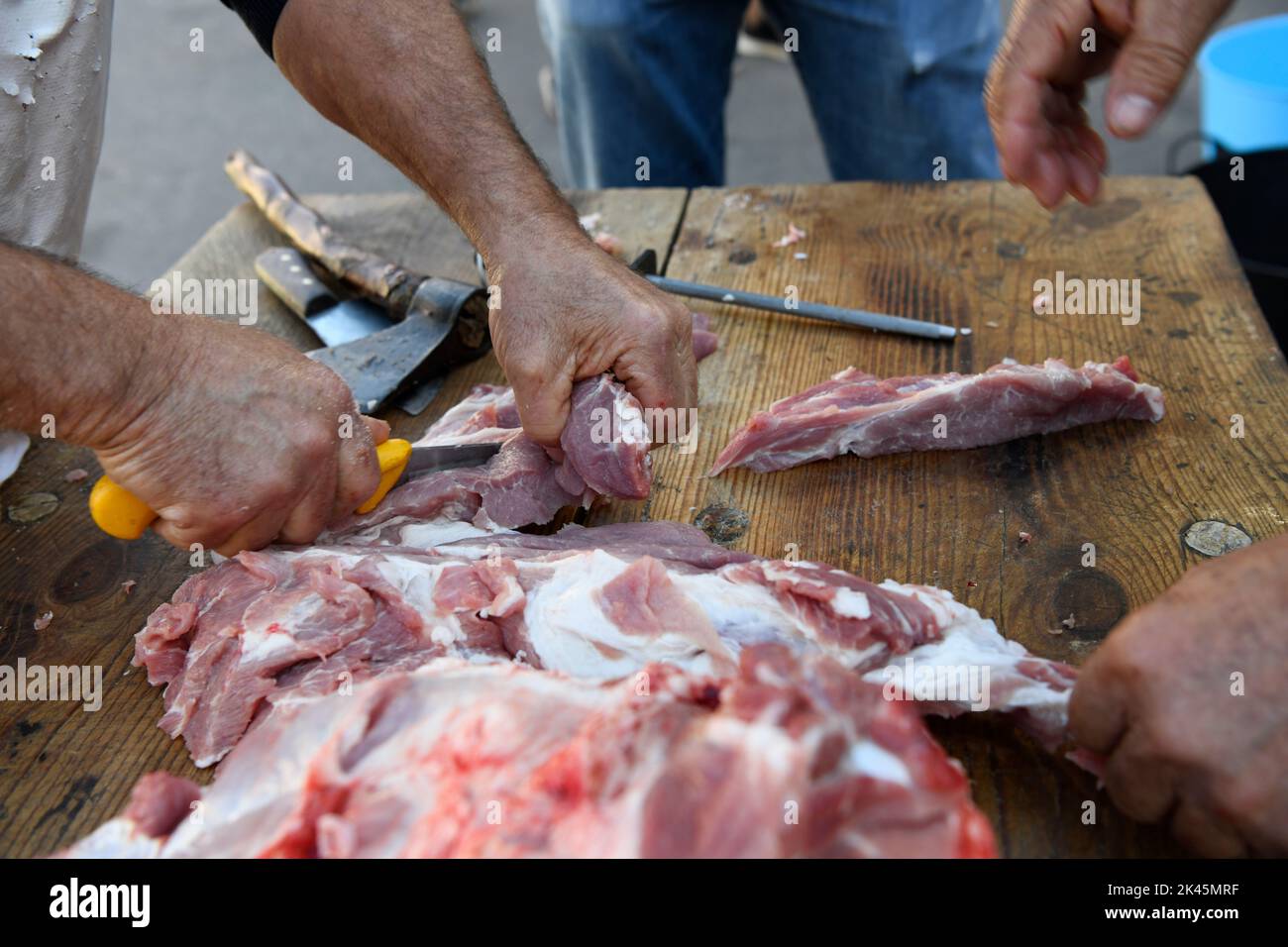 Pig slaughtering  ham production process. Pork snout Stock Photo