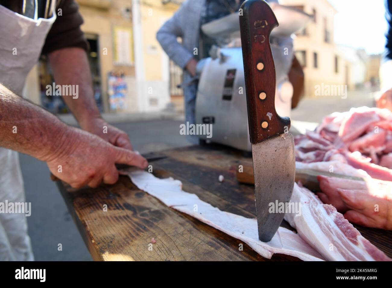Pig slaughtering  ham production process. Pork snout Stock Photo
