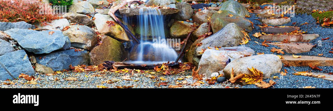 Panorama of a small waterfall water feature in a garden, autumn leaves. Stock Photo