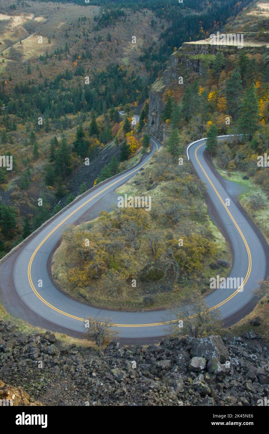 A loop in the Columbia River Highway from Rowena Crest, Columbia River Gorge National Scenic Area. Stock Photo
