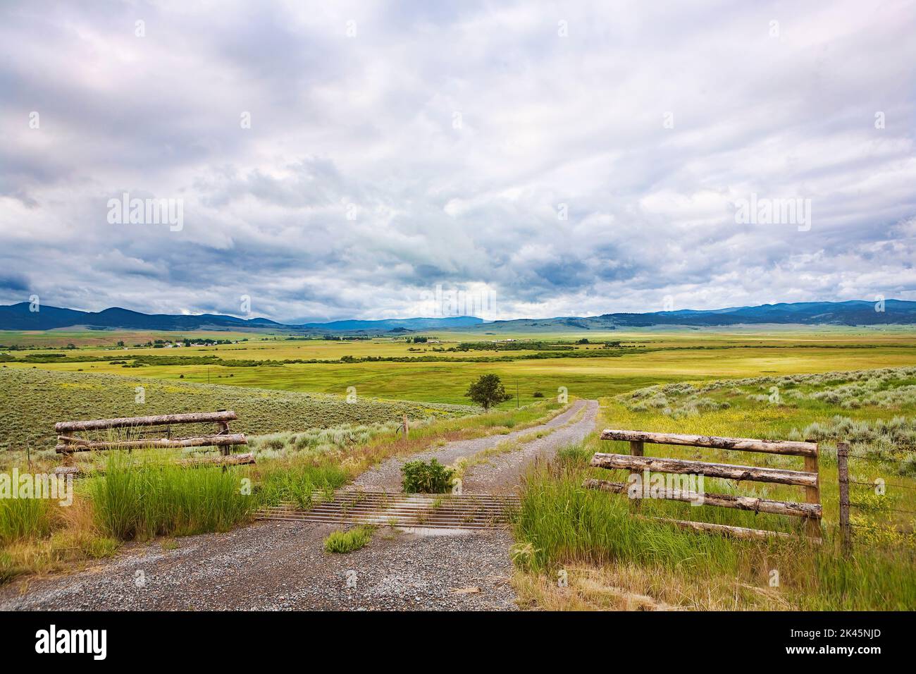 The Montana landscape, open grassland, fences, dirt road, and clouds