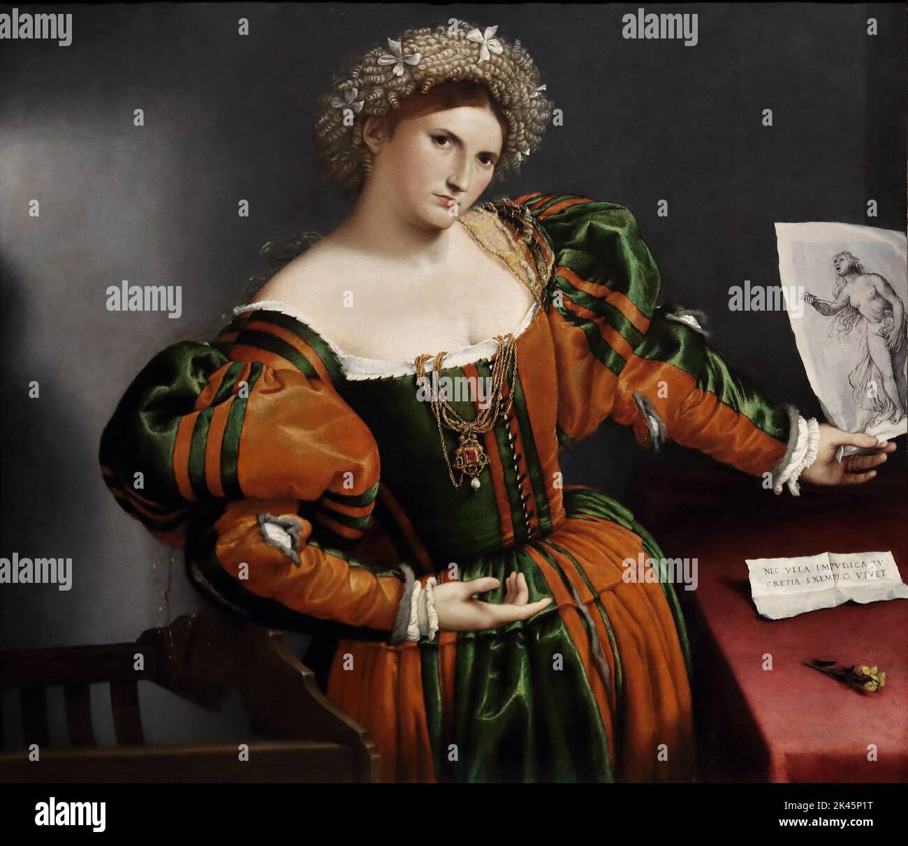 Portrait of a Woman inspired by Lucretia by Italian painter Lorenzo Lotto at the National Gallery, London, UK Stock Photo