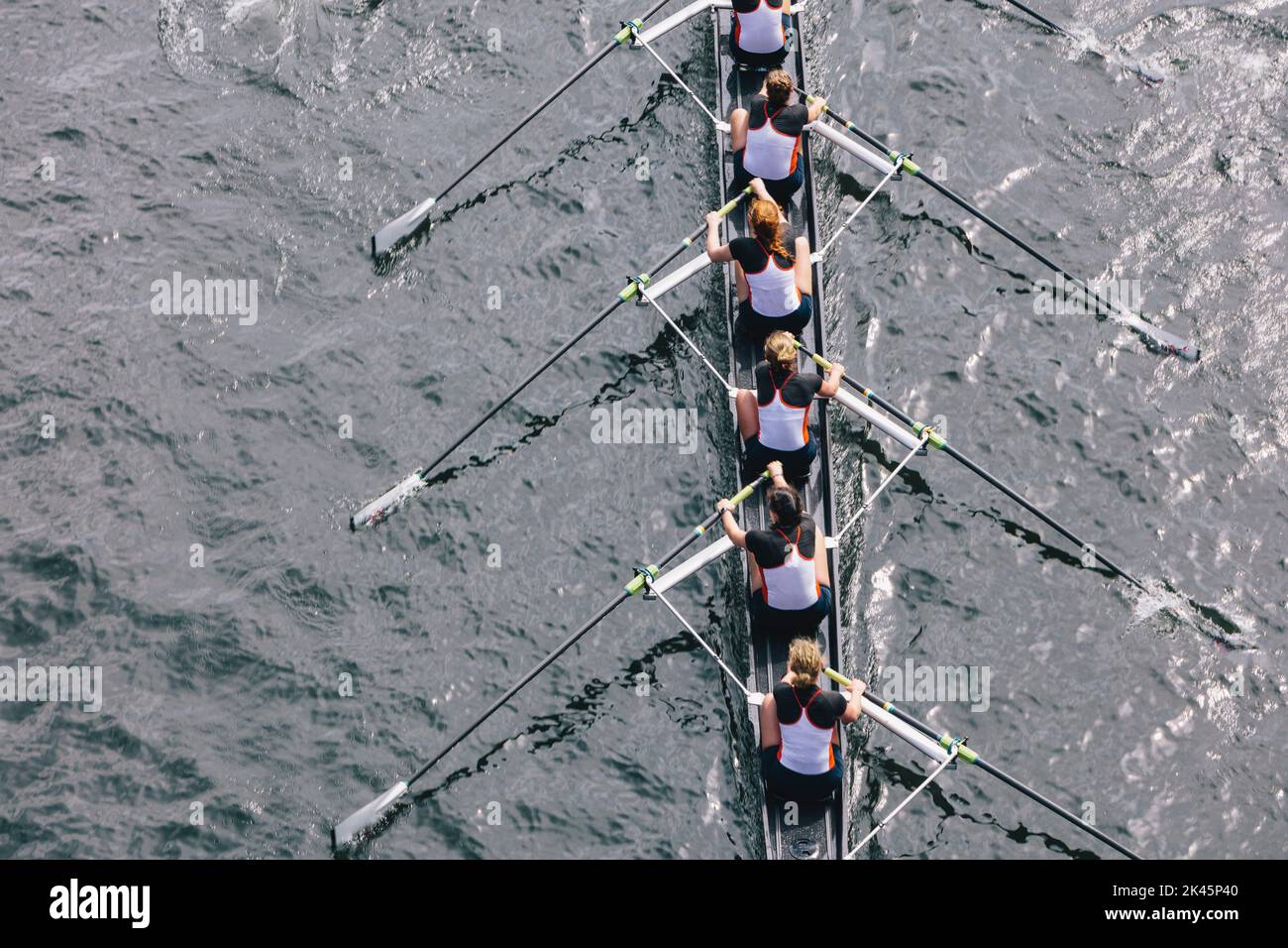 Overhead view of female crew racers rowing in an octuple racing shell, an eights team. Stock Photo