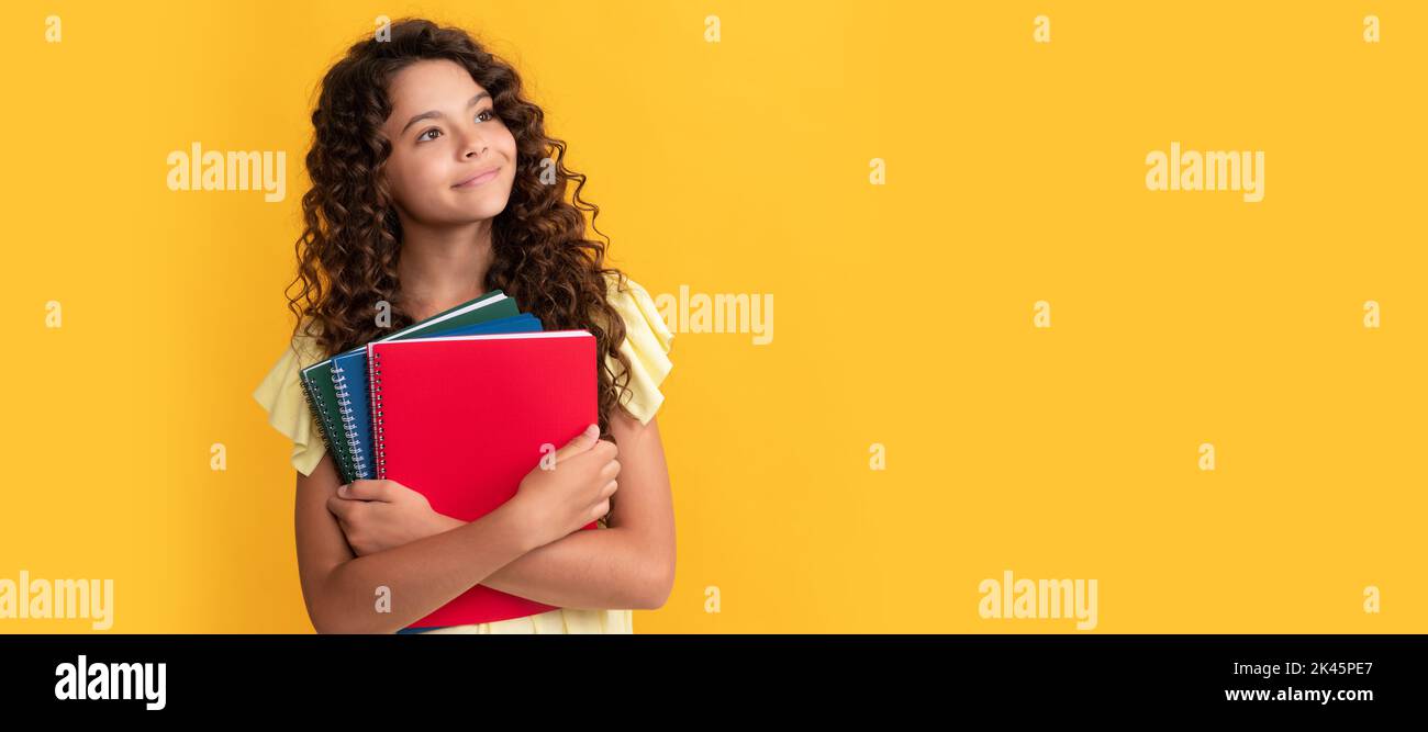 happy kid study with school workbooks, school. Banner of schoolgirl ...