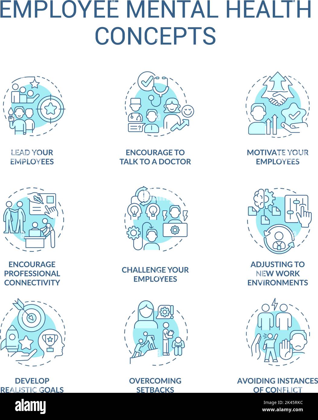 Mental health at workplace blue concept icons set Stock Vector