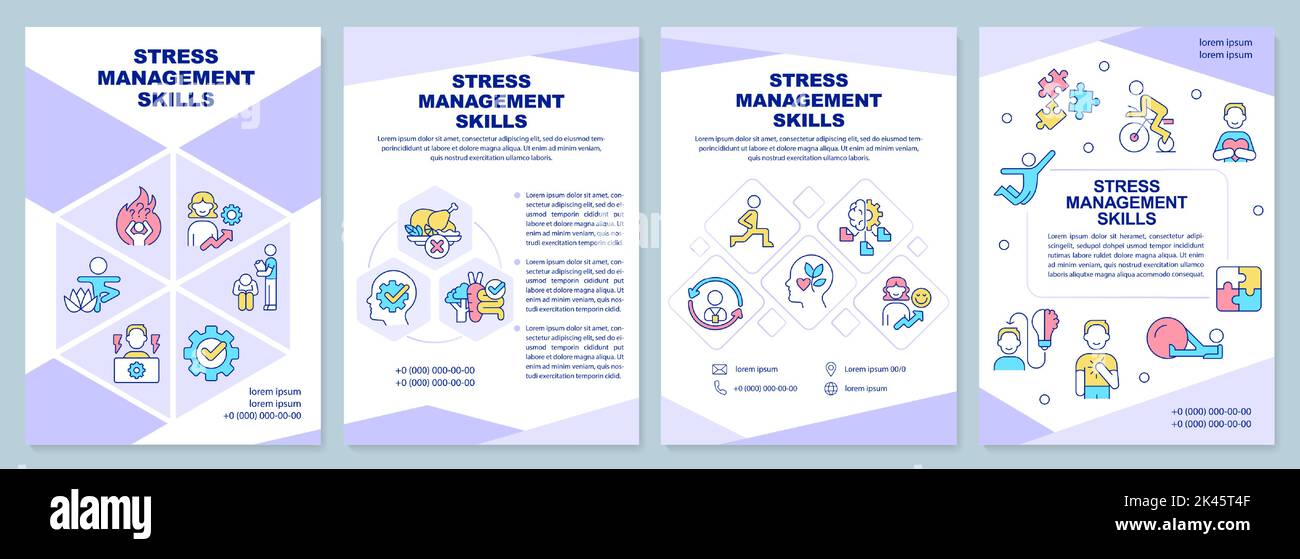 Stress management skills purple brochure template Stock Vector