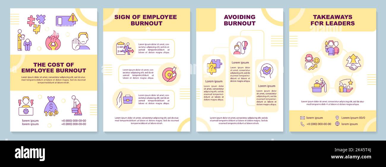 Employee burnout impact yellow brochure template Stock Vector