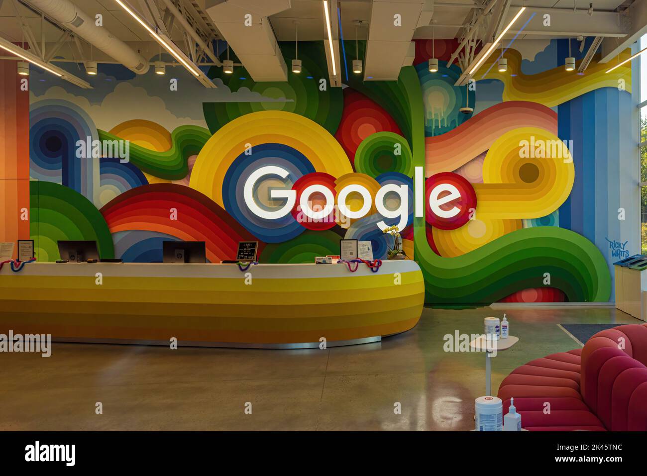 MOUNTAIN VIEW, CA - AUGUST 29, 2022: Google logo inside the reception of Google Headquarters in Mountain View, CA Stock Photo