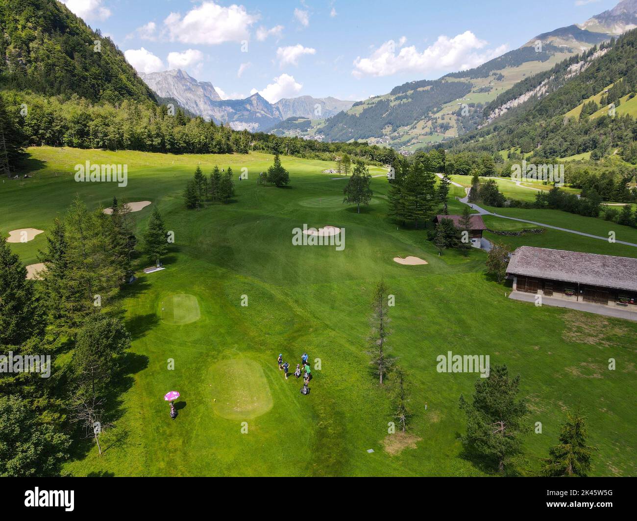 Drone view at the golf course of Engelberg on the Swiss alps Stock Photo