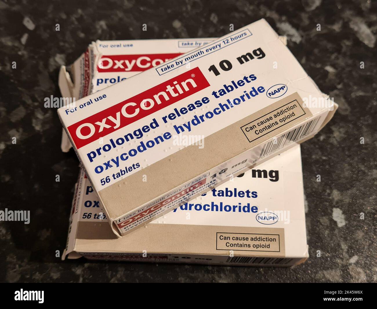 boxes of oxycontin oxycodone hydrochloride opiod painkiller in the uk Stock Photo