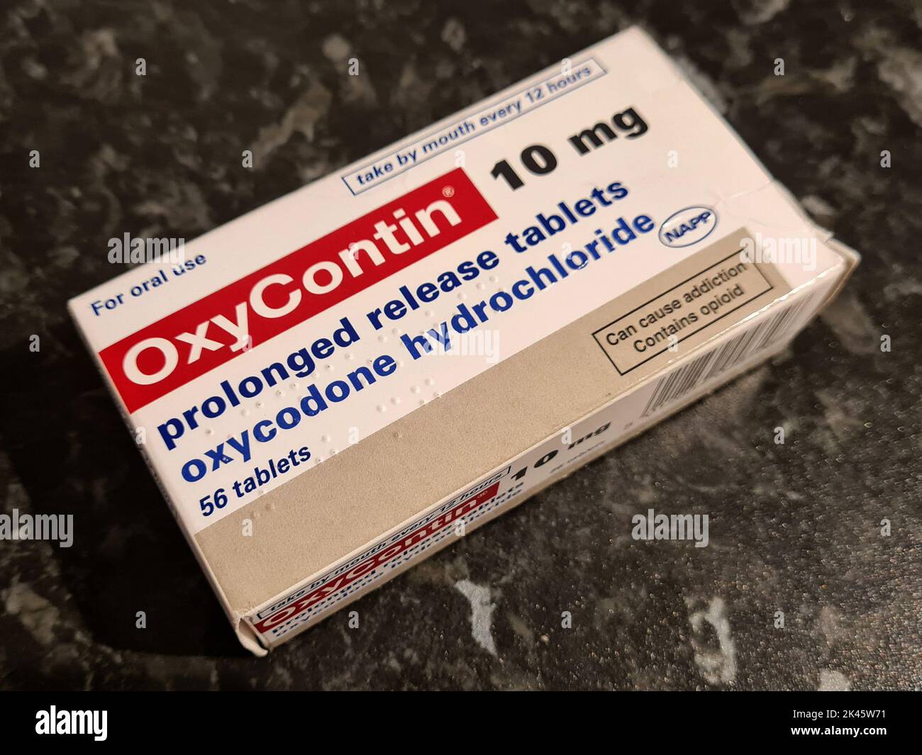 box of oxycontin oxycodone hydrochloride opiod painkiller in the uk Stock Photo