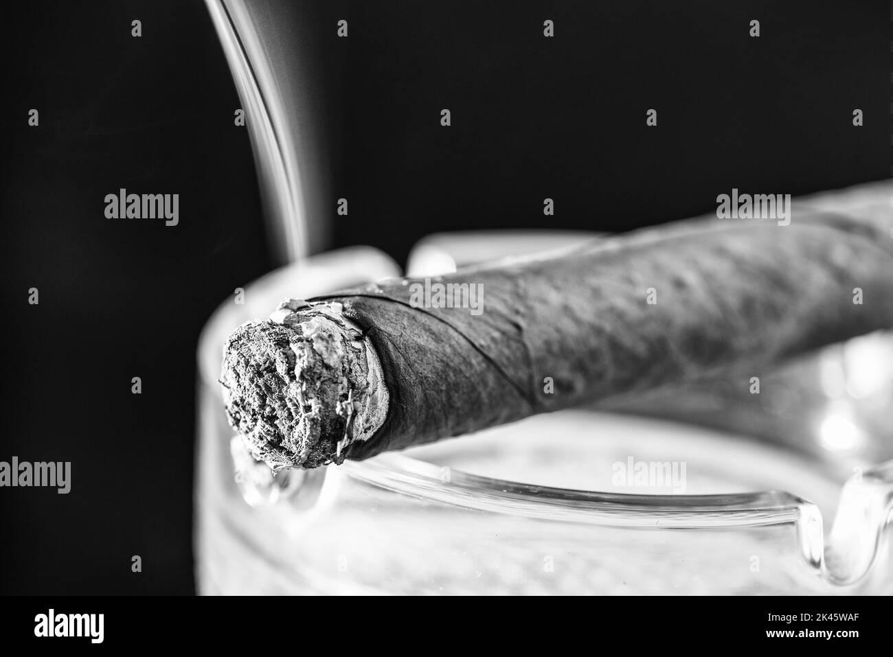 Lighting cuban cigar dark background. Tobacco smoking. Tobacco smoke