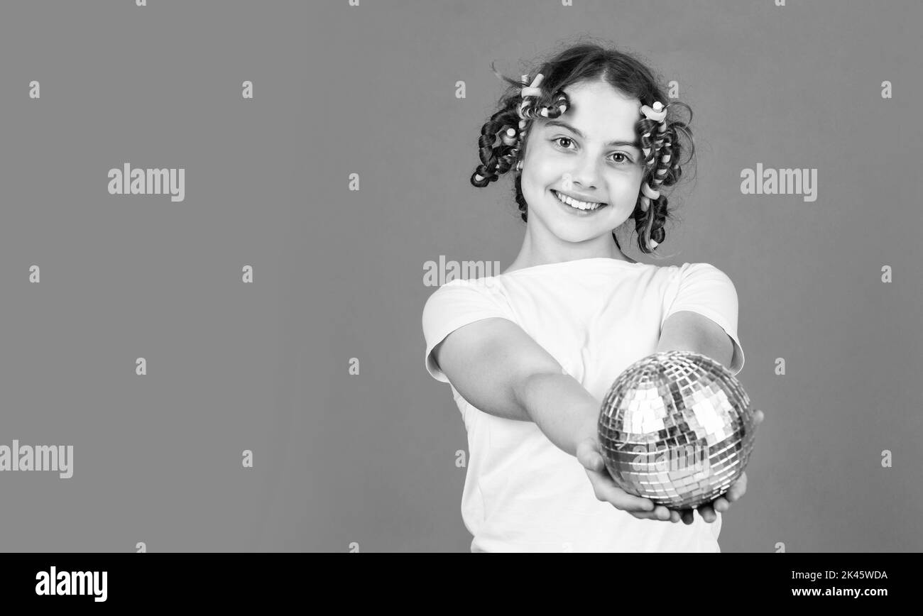 Fancy teen. Hairstyle for disco party. Have fun. Retro party. Child