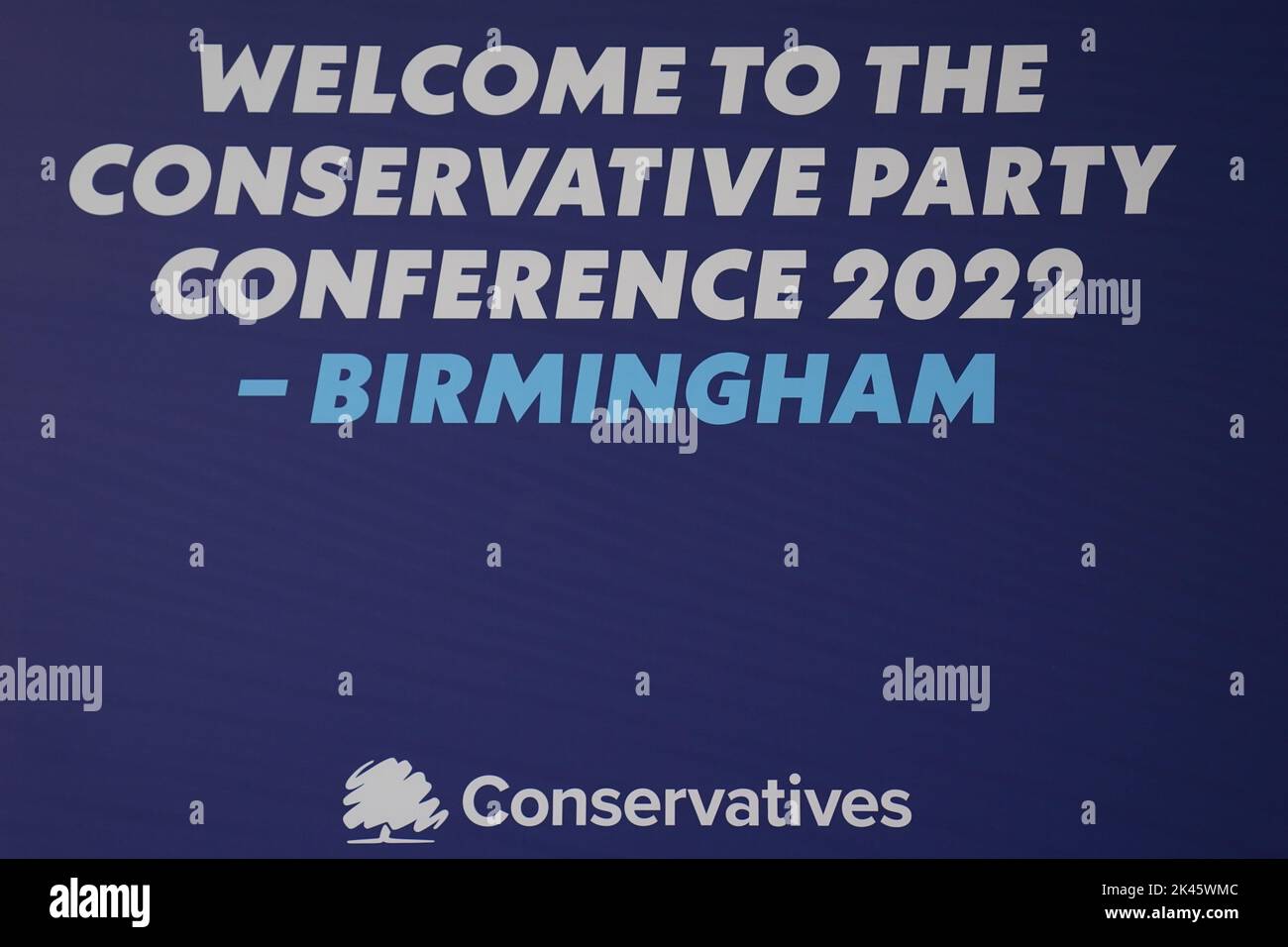 Signage in Birmingham ahead of the Conservative Party annual conference, which takes place at the International Convention Centre in the city next week. Picture date: Friday September 30, 2022. Stock Photo