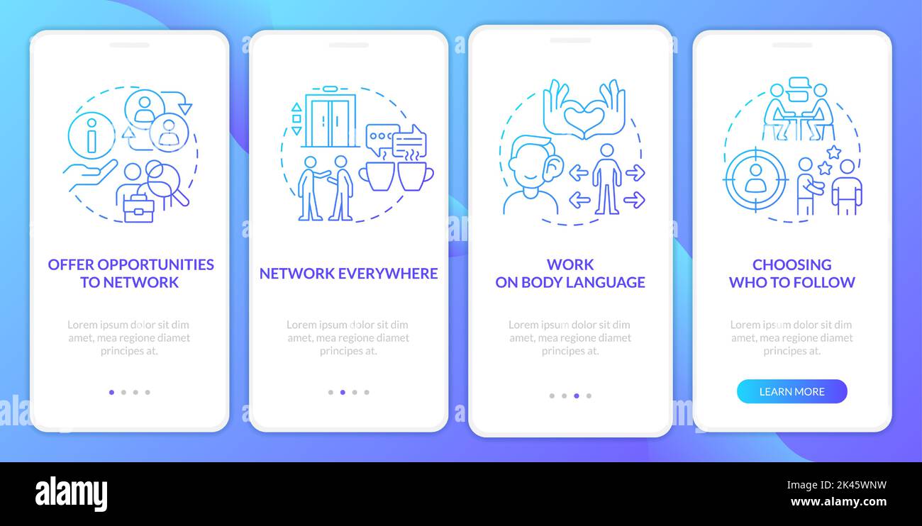 Improve networking skills blue gradient onboarding mobile app screen Stock Vector