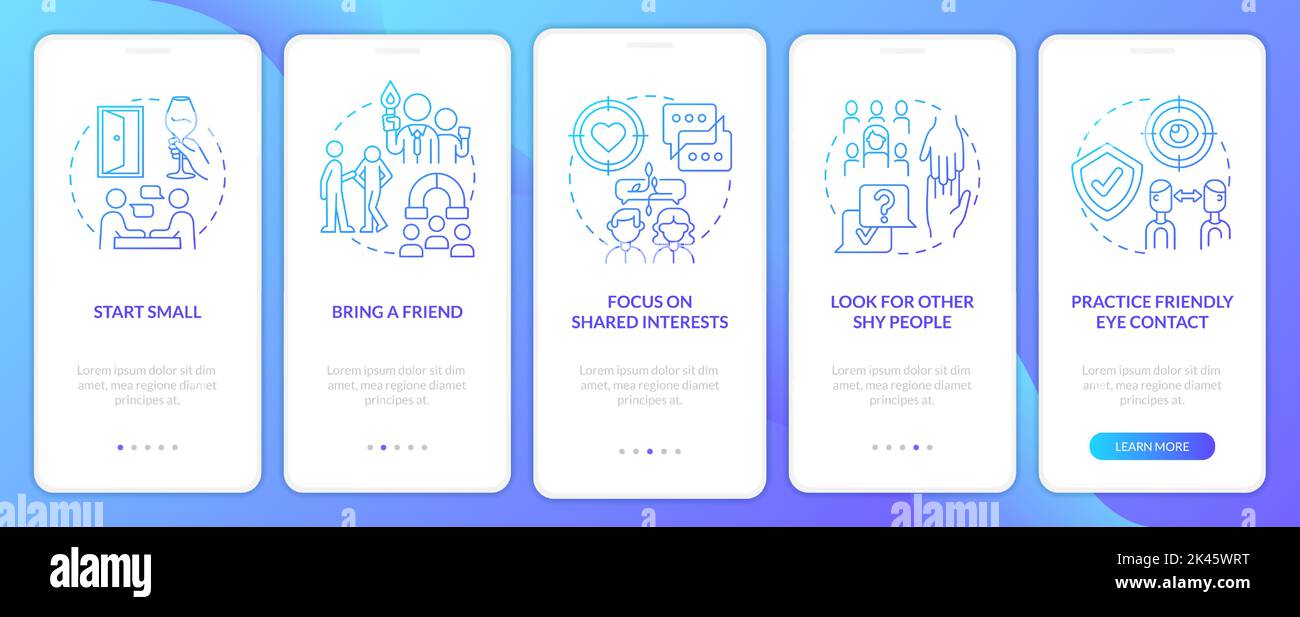 Networking tips for introverts blue gradient onboarding mobile app screen Stock Vector