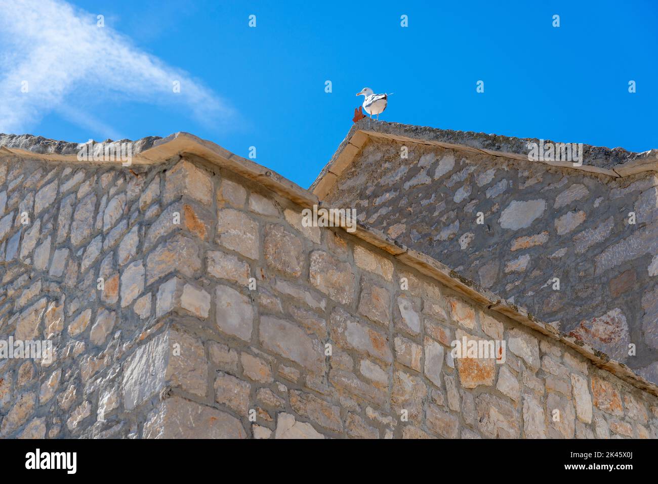 A seagull standing on top of the roof of a stone house. Croatia. Stock Photo