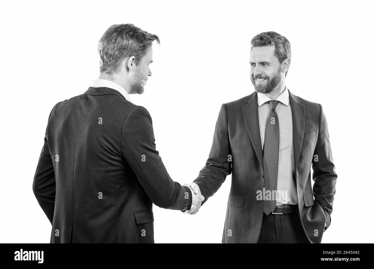 two businessmen colleagues shaking hands after successful business deal, collaboration Stock Photo