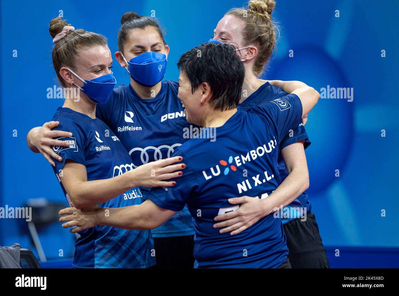 CHENGDU, CHINA - SEPTEMBER 30, 2022 - Ni Xia Lian of Luxembourg Celebrate with her teammates during 2022 ITTF World Team Championships Finals  at High Stock Photo