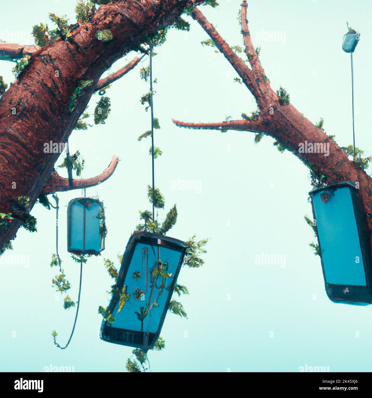France, Paris on 26/09/2022. Digital illustration of a smartphone growing in a tree evoking the link between nature and technology. Image created usin Stock Photo