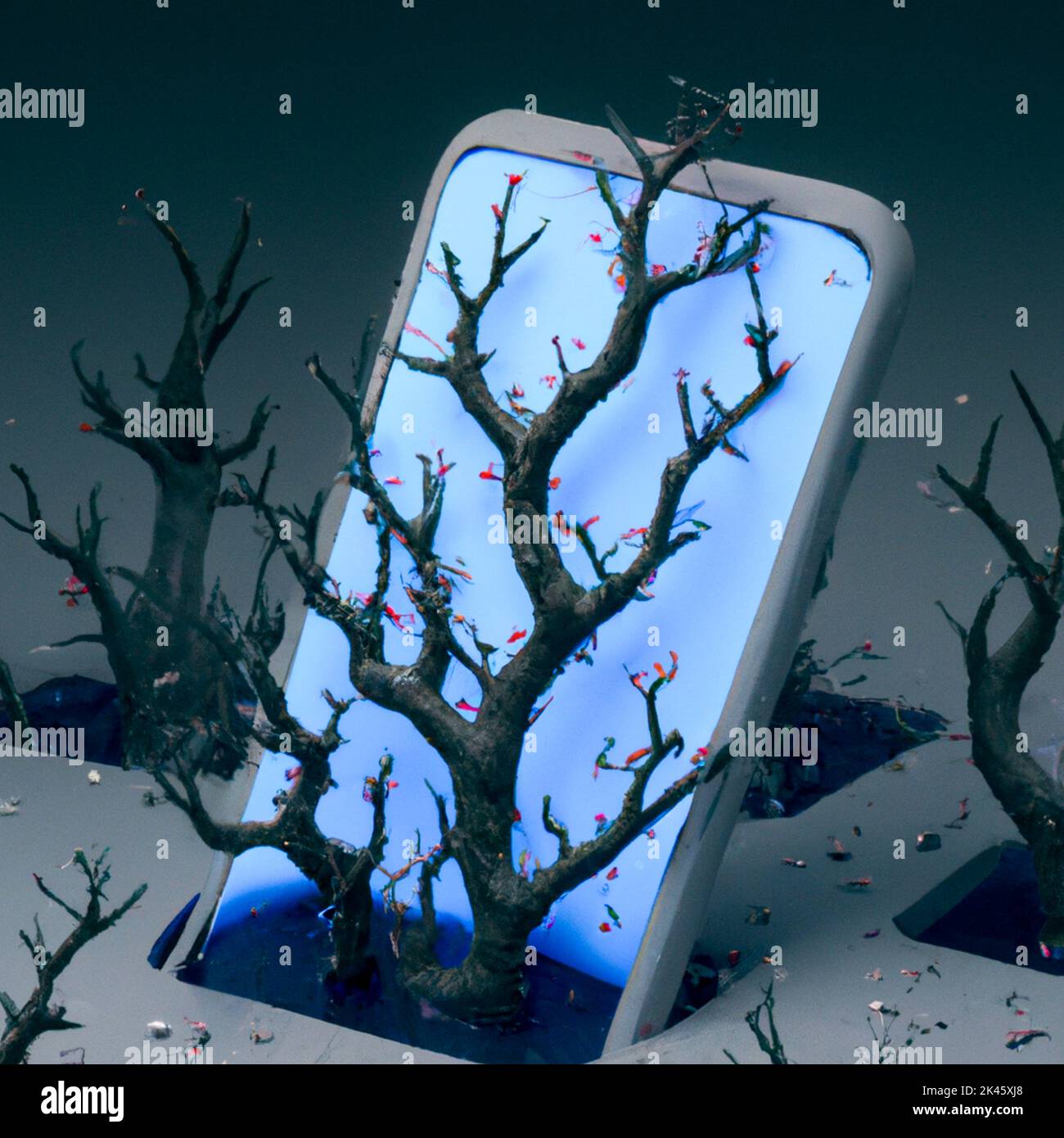 France, Paris on 26/09/2022. Digital illustration of a smartphone growing in a tree evoking the link between nature and technology. Image created usin Stock Photo