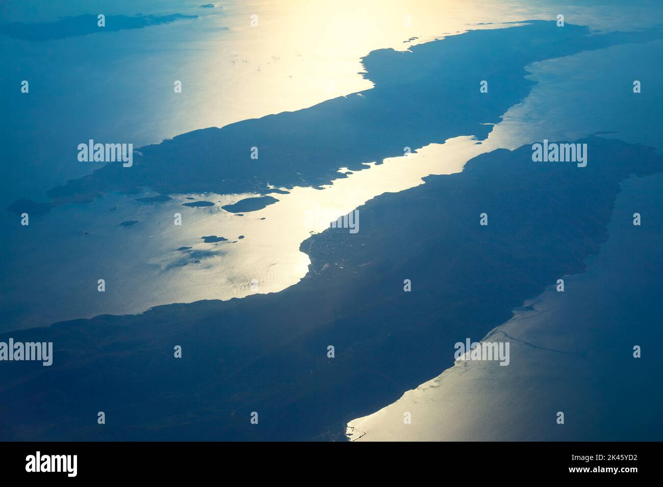 Korcula island and Adriatic Sea . Peljesac peninsula in southern Dalmatia . Aerial view of islands in the sea Stock Photo